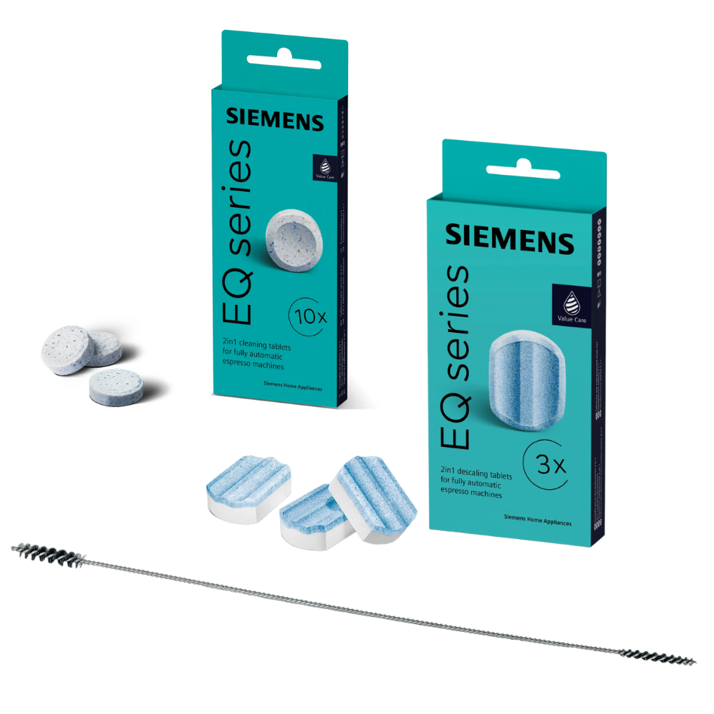 SIEMENS TZ80001: 10 Reinigungstabletten + 3 Entkalkungstabletten für EQ Serie + Reinigungsbürste – Für optimalen Kaffeegenuss