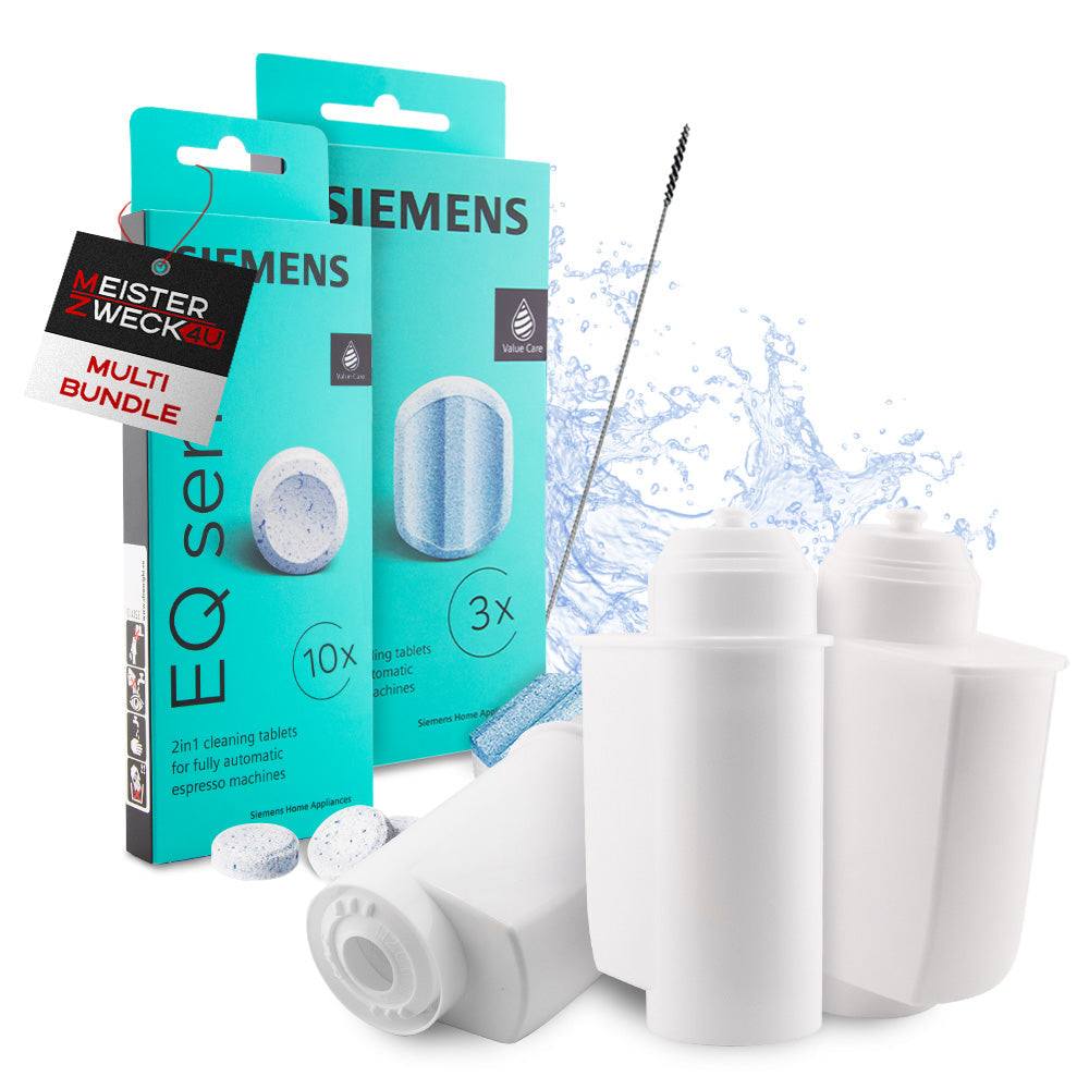MEISTERZWECK4U Pflege-Set für Kaffeevollautomaten: 3x Wasserfilter, 2x Entkalker, 1x Reiniger, 1x Bürste - Optimal für Siemens EQ, Bosch, Supresso