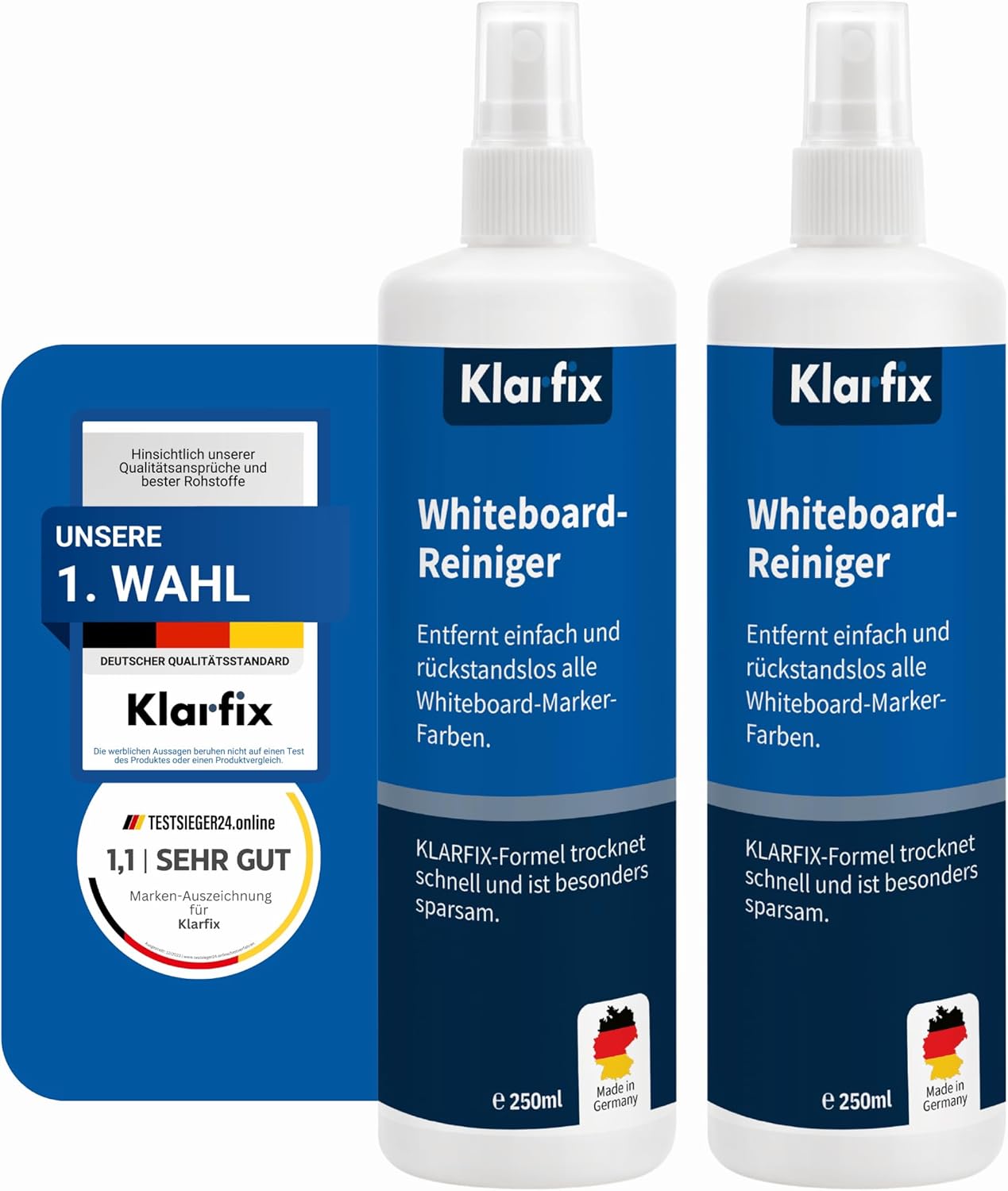 Whiteboard-Reiniger für Flipcharts, Magnettafeln, Planungstafeln & Whiteboards | Entfernt Marker- & Stift-Rückstände rückstandslos | Schnelltrocknend | Made in Germany (2x 250ml)