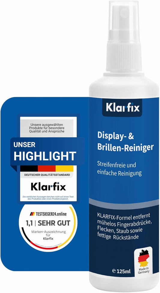 Display- & Brillen-Reiniger | Spezial-Reiniger für streifenfreie Sauberkeit auf Brillen, Smartphones, Tablets, Laptops & Displays | Für unterwegs & zuhause | Made in Germany (1x 125ml)