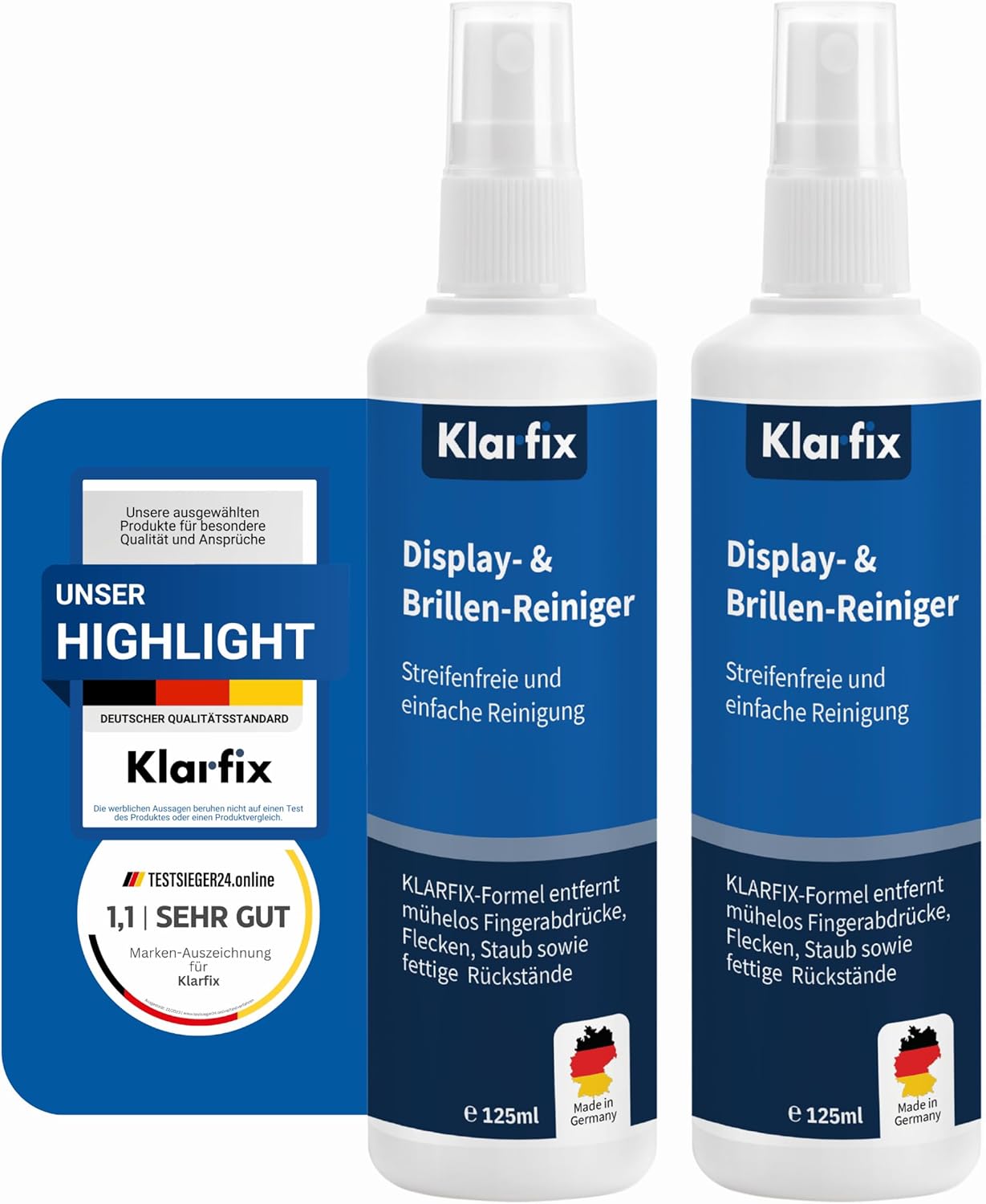Display- & Brillen-Reiniger | Spezial-Reiniger für streifenfreie Sauberkeit auf Brillen, Smartphones, Tablets, Laptops & Displays | Für unterwegs & zuhause | Made in Germany (2x 125ml)