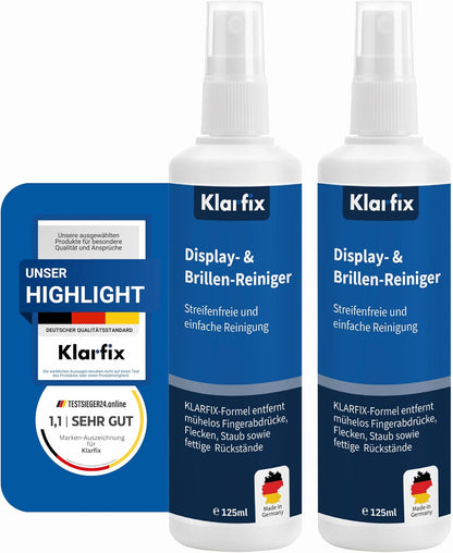 Display- & Brillen-Reiniger | Spezial-Reiniger für streifenfreie Sauberkeit auf Brillen, Smartphones, Tablets, Laptops & Displays | Für unterwegs & zuhause | Made in Germany (2x 125ml)