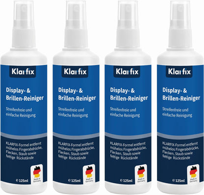 Display- & Brillen-Reiniger | Spezial-Reiniger für streifenfreie Sauberkeit auf Brillen, Smartphones, Tablets, Laptops & Displays | Für unterwegs & zuhause | Made in Germany (4x 125ml)