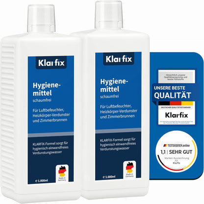 Hygienemittel schaumfrei | Konservierungsmittel für Luftbefeuchter, Luftreiniger, Luftwäscher, Zimmerbrunnen & Heizkörper-Verdunster | Hält Wasser hygienisch & kalkfrei (2x 1.000 ml)