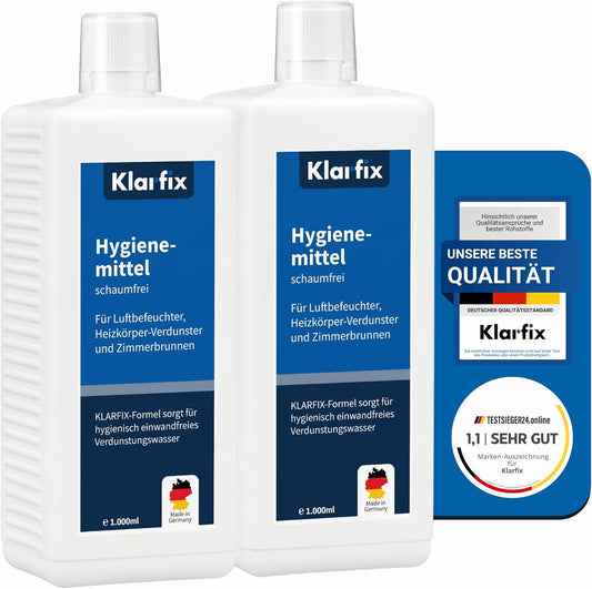 Hygienemittel schaumfrei | Konservierungsmittel für Luftbefeuchter, Luftreiniger, Luftwäscher, Zimmerbrunnen & Heizkörper-Verdunster | Hält Wasser hygienisch & kalkfrei (2x 1.000 ml)