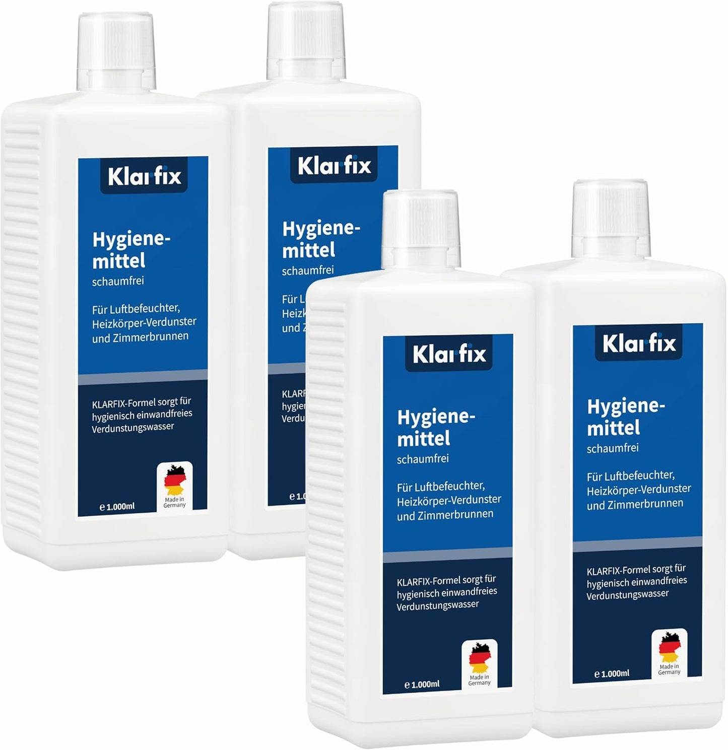 Hygienemittel schaumfrei | Konservierungsmittel für Luftbefeuchter, Luftreiniger, Luftwäscher, Zimmerbrunnen & Heizkörper-Verdunster | Hält Wasser hygienisch & kalkfrei (4x 1.000 ml)