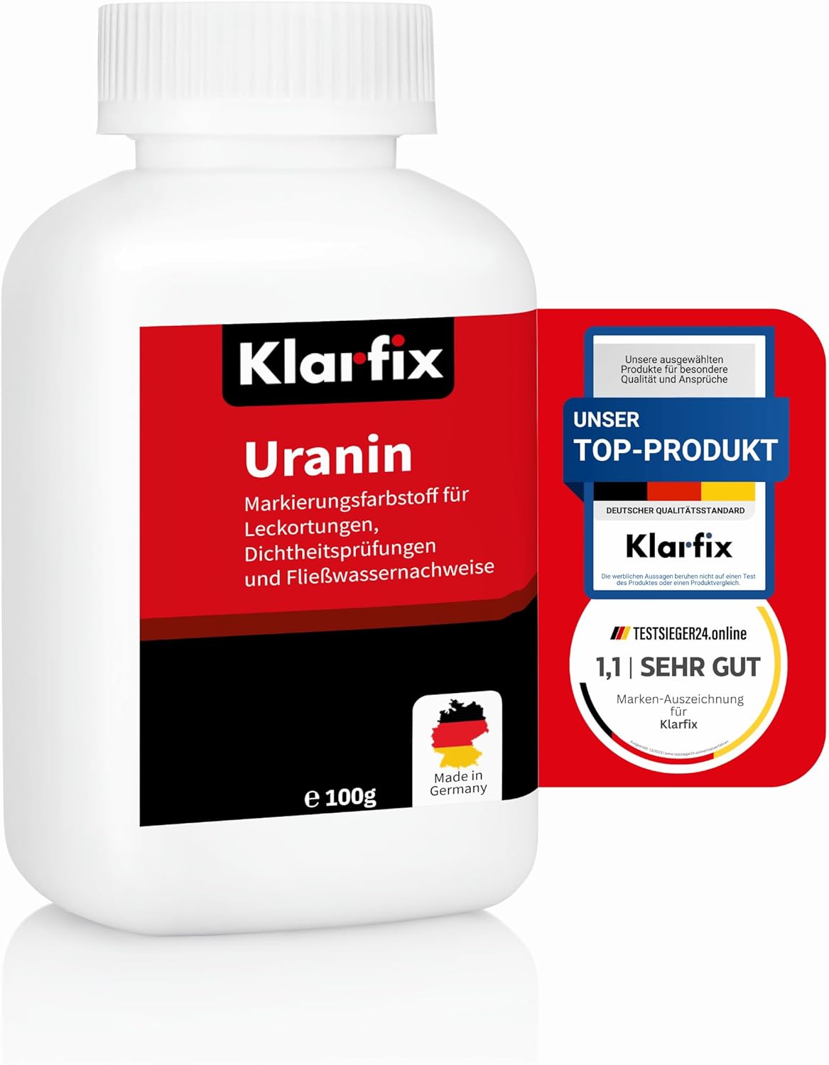Uranin Wasser-Färbemittel in Pulverform | Hochwirksames Wasser-Färbemittel zur Leckortung, Leckageortung, Dichtheitsprüfung | Fluorescein als Markierungsfarbstoff | Sehr ergiebig (1x 100 g)
