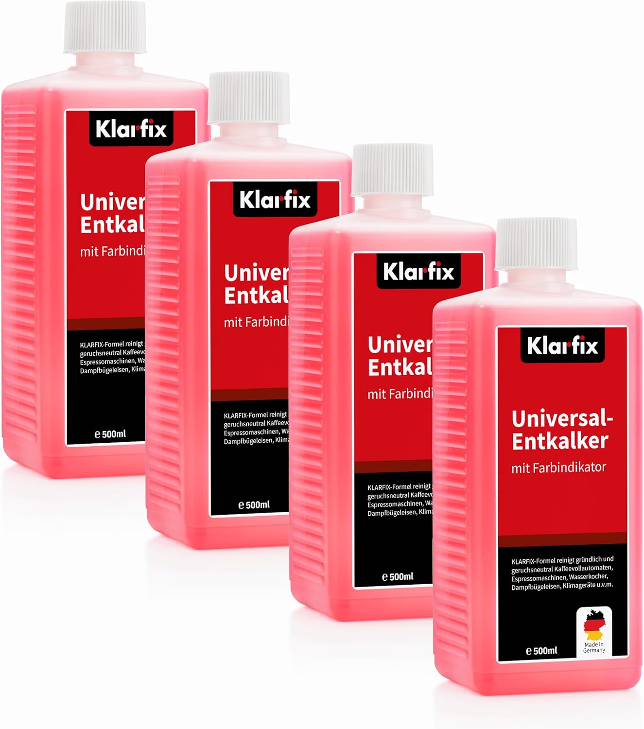 Universal-Entkalker mit Farbindikator | Hochwirksamer Entkalker für alle Haushaltsgeräte mit Wasserkontakt mit Farbindikator | Universell einsetzbar und materialschonend (4x 500 ml)