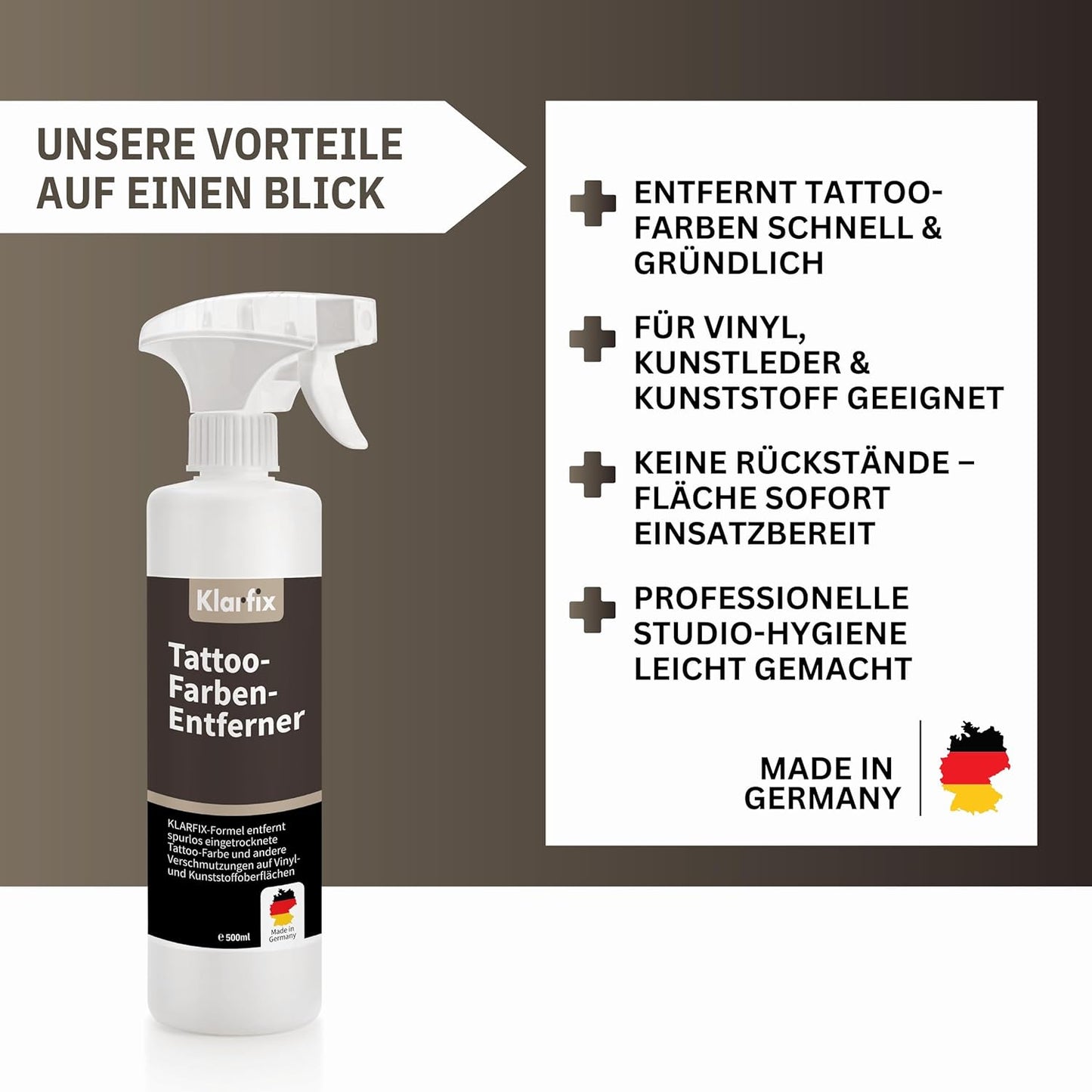 Tattoo-Farben-Entferner | Spezialreiniger für Tattoo-Stühle, Arbeitsflächen & Böden | Entfernt Tattoo-Farbe von Vinyl, Kunststoff & Kunstleder | Spezial-Löser für Tattoo-Inks (4x 500ml)