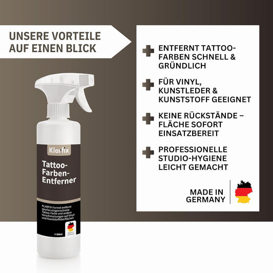 Tattoo-Farben-Entferner | Spezialreiniger für Tattoo-Stühle, Arbeitsflächen & Böden | Entfernt Tattoo-Farbe von Vinyl, Kunststoff & Kunstleder | Spezial-Löser für Tattoo-Inks (1x 500ml)