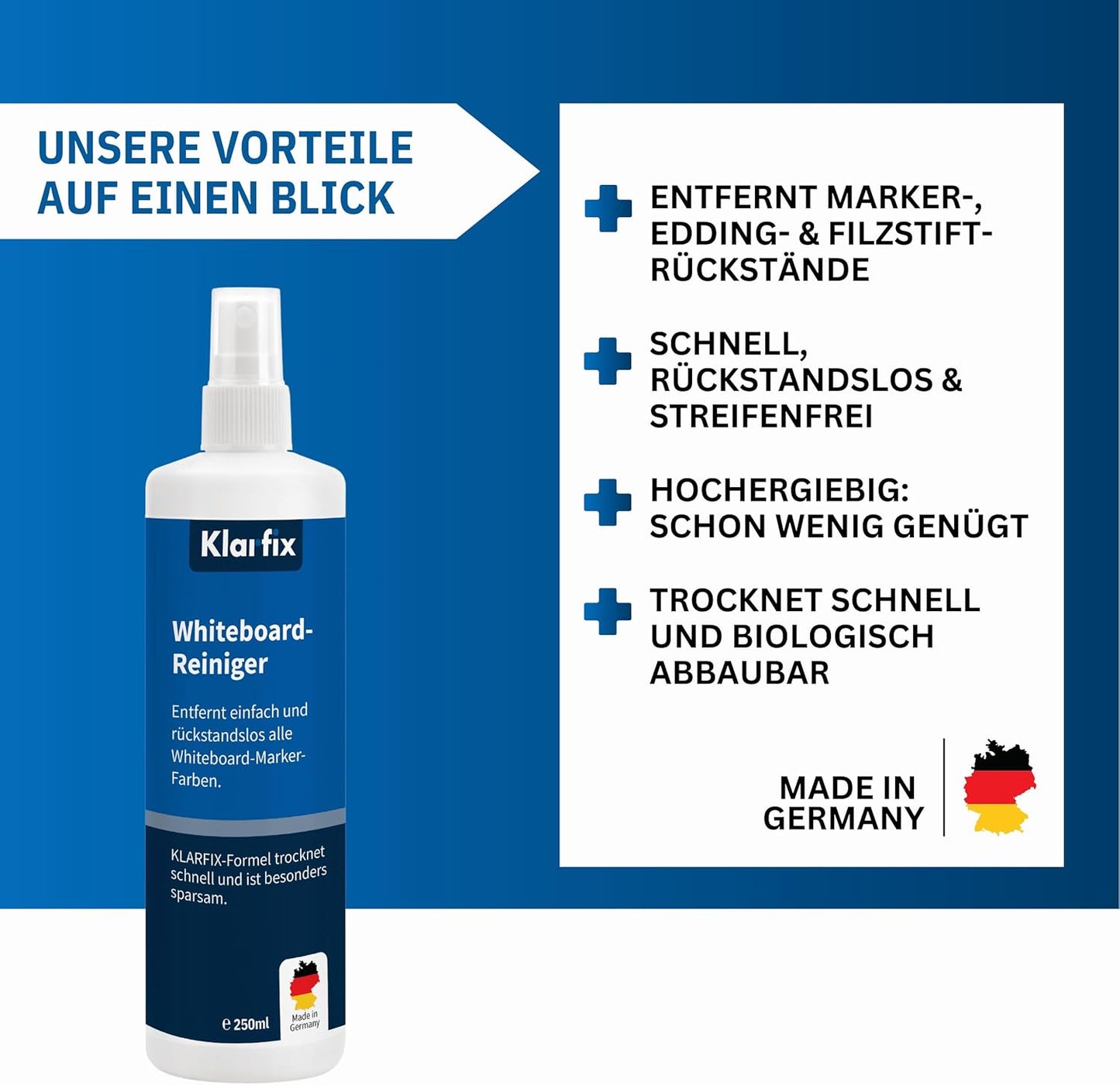 Whiteboard-Reiniger für Flipcharts, Magnettafeln, Planungstafeln & Whiteboards | Entfernt Marker- & Stift-Rückstände rückstandslos | Schnelltrocknend | Made in Germany (1x 250ml)