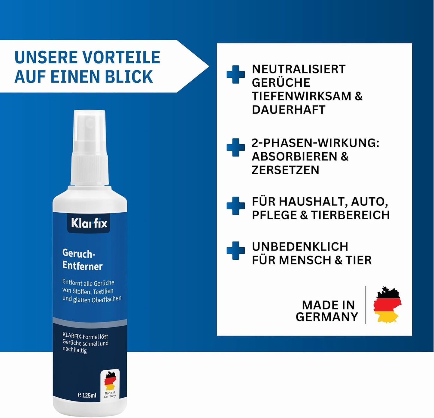 Geruch-Entferner | Neutralisiert hartnäckige Gerüche mit 2-Phasen-Wirkung für Haushalt, Auto, Textilien, Haustiere | Hundeurin/Katzenurin Entferner | Porentiefe Reinigung (1x 125ml)