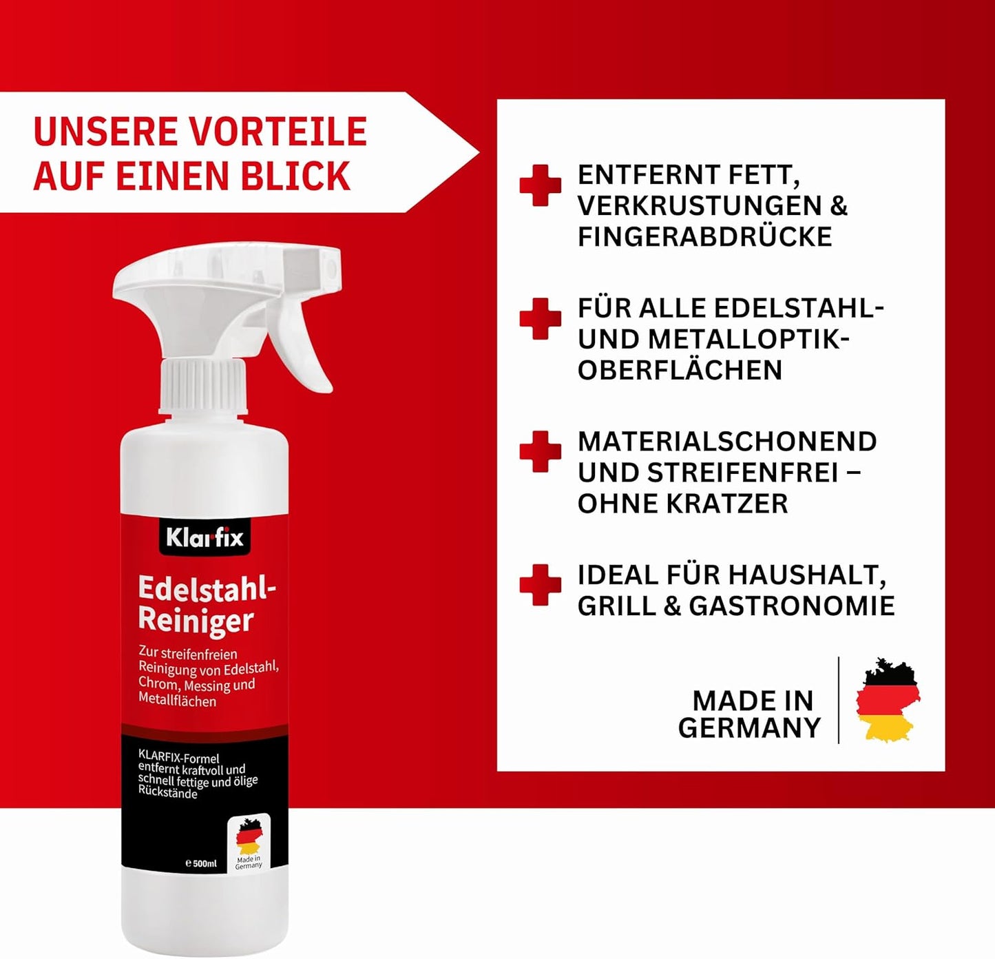 Edelstahlreiniger 500 ml | Fettlöser für Grill, Spüle, Dunstabzug & Küche | Für alle Edelstahl-Oberflächen | Entfernt Verkrustungen & Fingerabdrücke | Made in Germany (4x 500ml)