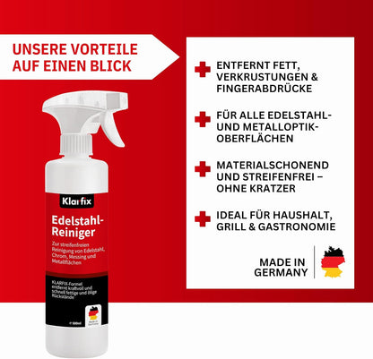 Edelstahlreiniger 500 ml | Fettlöser für Grill, Spüle, Dunstabzug & Küche | Für alle Edelstahl-Oberflächen | Entfernt Verkrustungen & Fingerabdrücke | Made in Germany (4x 500ml)