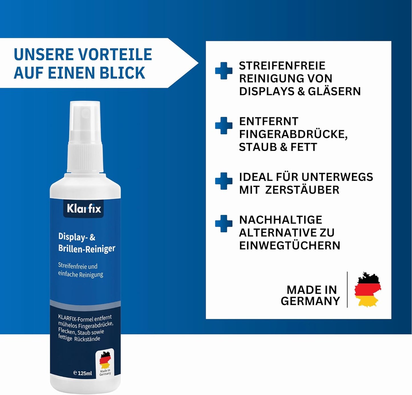 Display- & Brillen-Reiniger | Spezial-Reiniger für streifenfreie Sauberkeit auf Brillen, Smartphones, Tablets, Laptops & Displays | Für unterwegs & zuhause | Made in Germany (2x 125ml)