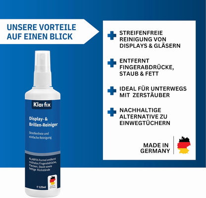 Display- & Brillen-Reiniger | Spezial-Reiniger für streifenfreie Sauberkeit auf Brillen, Smartphones, Tablets, Laptops & Displays | Für unterwegs & zuhause | Made in Germany (2x 125ml)