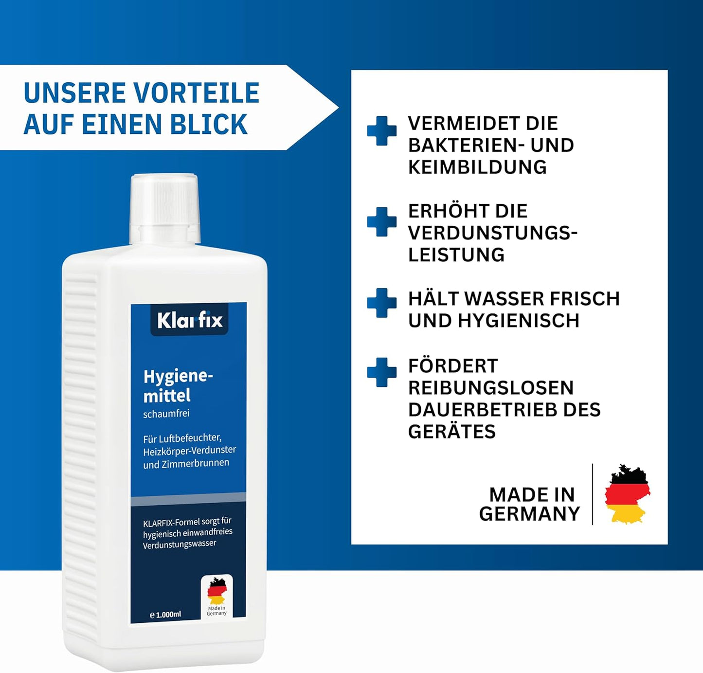 Hygienemittel schaumfrei | Konservierungsmittel für Luftbefeuchter, Luftreiniger, Luftwäscher, Zimmerbrunnen & Heizkörper-Verdunster | Hält Wasser hygienisch & kalkfrei (1x 1.000 ml)