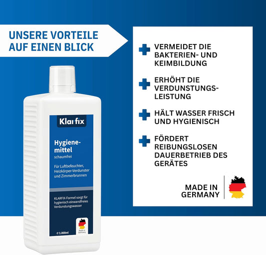 Hygienemittel schaumfrei | Konservierungsmittel für Luftbefeuchter, Luftreiniger, Luftwäscher, Zimmerbrunnen & Heizkörper-Verdunster | Hält Wasser hygienisch & kalkfrei (1x 1.000 ml)