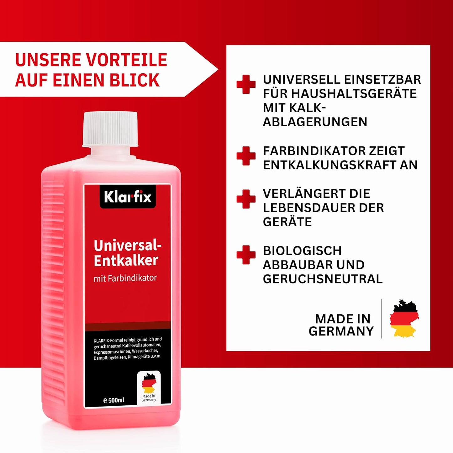 Universal-Entkalker mit Farbindikator | Hochwirksamer Entkalker für alle Haushaltsgeräte mit Wasserkontakt mit Farbindikator | Universell einsetzbar und materialschonend (4x 500 ml)