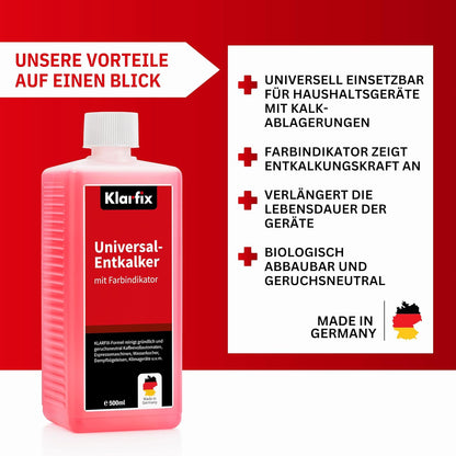 Universal-Entkalker mit Farbindikator | Hochwirksamer Entkalker für alle Haushaltsgeräte mit Wasserkontakt mit Farbindikator | Universell einsetzbar und materialschonend (4x 500 ml)