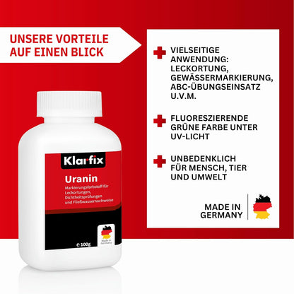 Uranin Wasser-Färbemittel in Pulverform | Hochwirksames Wasser-Färbemittel zur Leckortung, Leckageortung, Dichtheitsprüfung | Fluorescein als Markierungsfarbstoff | Sehr ergiebig (1x 100 g)