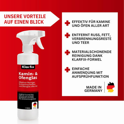 Kamin- und Ofenglasreiniger | Entfernt Ruß, Fett, Verbrennungsreste, Teer, Schmutz und Staub | Ideal für Kamine und Öfen aller Art | Kraftvolle Reinigung und materialschonend (2x 500 ml)