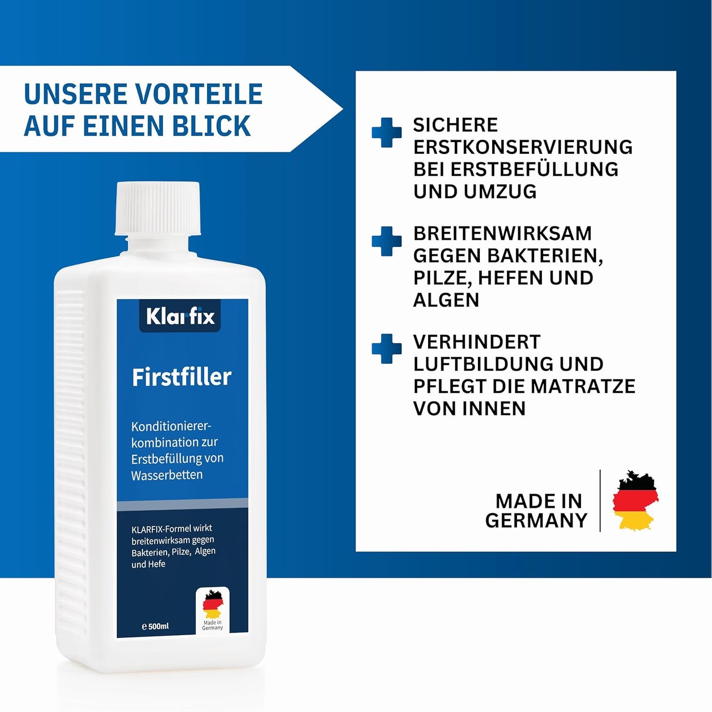 Firstfiller (500ml) für Erstbefüllung von Wasserbetten | Hochwirksam gegen Bakterien, Algen & Pilze | Extra starker Schutz für Wassermatratzen I Wasserbett-Pflege (2x 500ml)