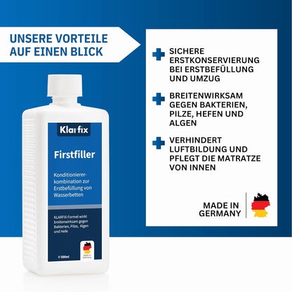 Firstfiller (500ml) für Erstbefüllung von Wasserbetten | Hochwirksam gegen Bakterien, Algen & Pilze | Extra starker Schutz für Wassermatratzen I Wasserbett-Pflege (1x 500ml)