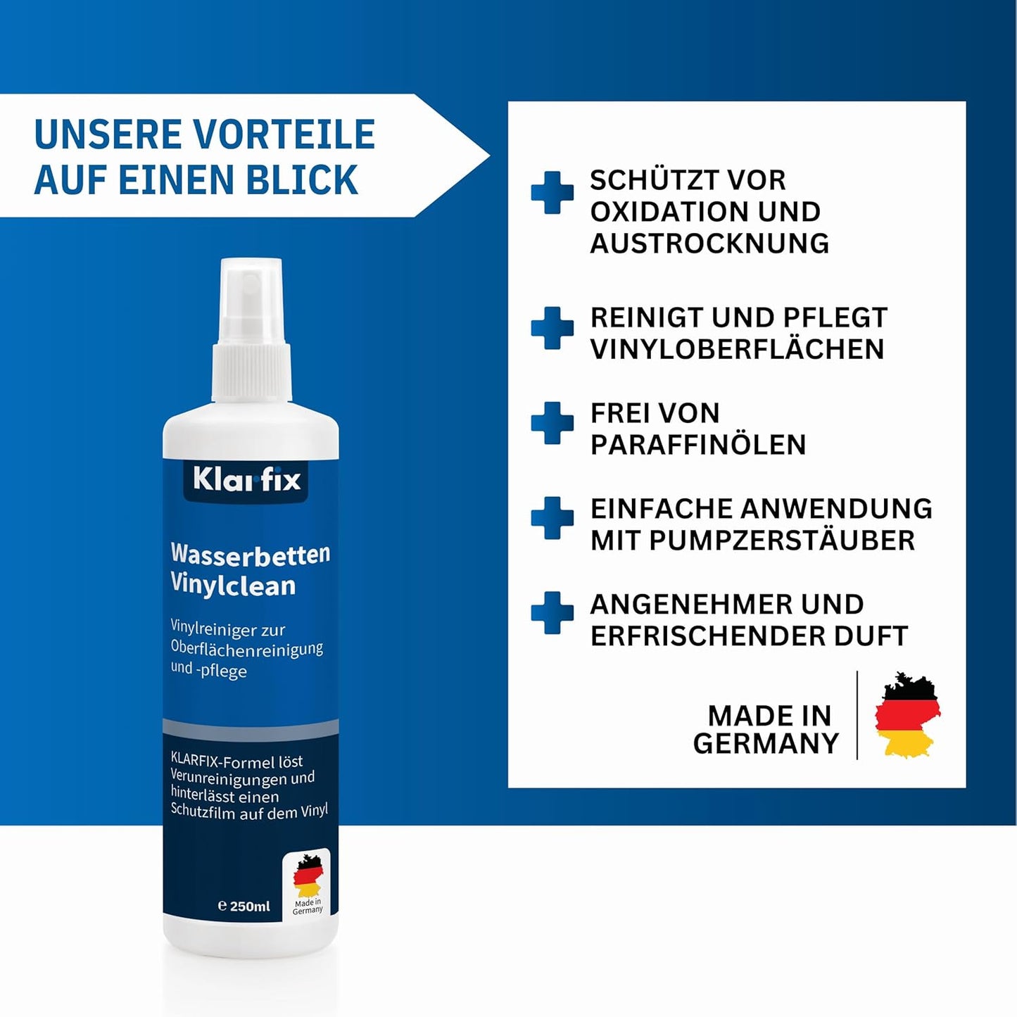 Vinylreiniger für Wasserbetten Vinylclean | Reiniger für Vinyloberflächen | Schützt vor Oxidation, Austrocknung und Verhärtung | Einfache Anwendung mit Pumpzerstäuber (1x 250ml)