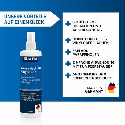 Vinylreiniger für Wasserbetten Vinylclean | Reiniger für Vinyloberflächen | Schützt vor Oxidation, Austrocknung und Verhärtung | Einfache Anwendung mit Pumpzerstäuber (1x 250ml)