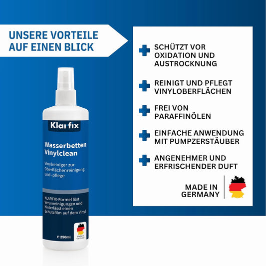 Vinylreiniger für Wasserbetten Vinylclean | Reiniger für Vinyloberflächen | Schützt vor Oxidation, Austrocknung und Verhärtung | Einfache Anwendung mit Pumpzerstäuber (1x 250ml)