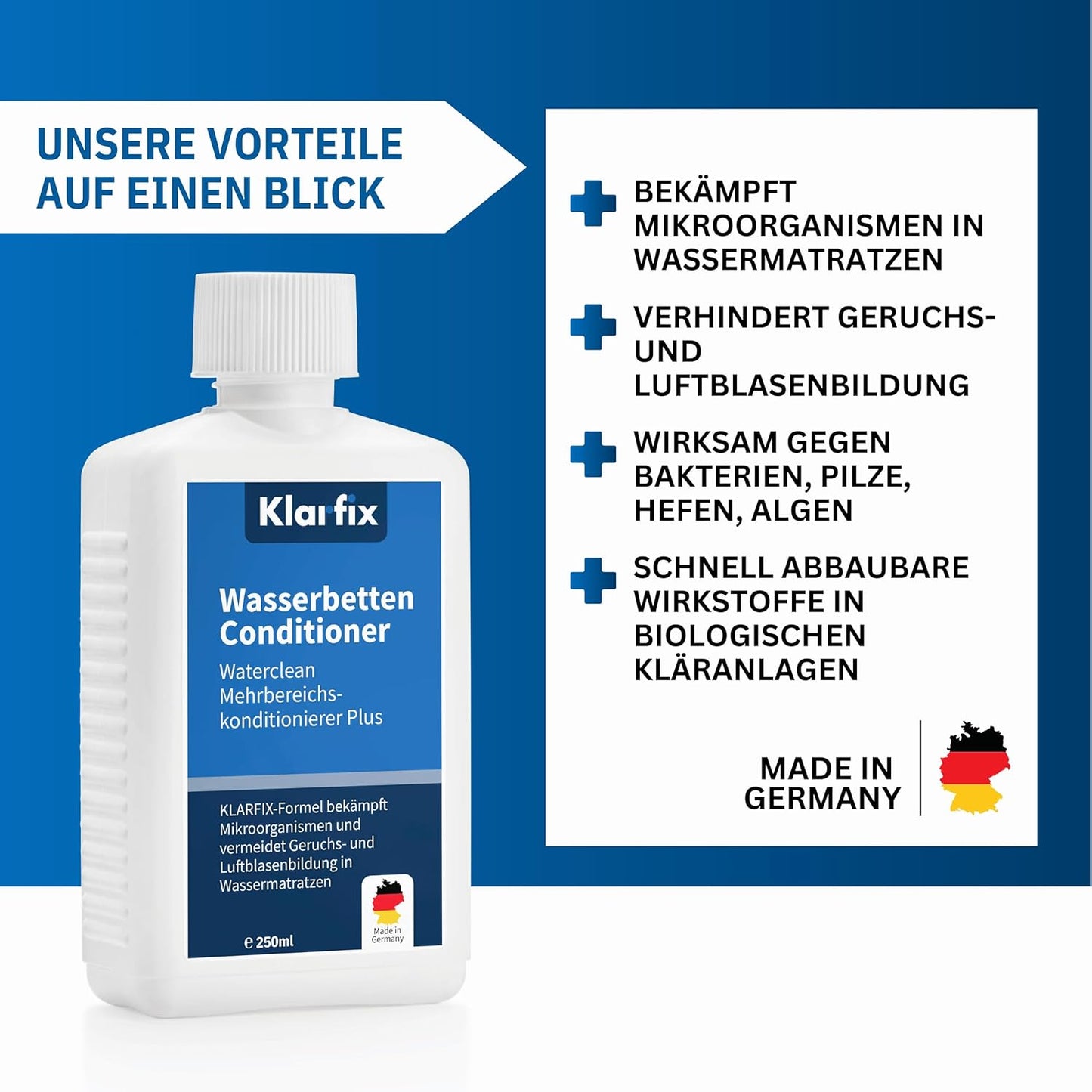 Waterclean Mehrbereichskonditionierer Plus | Bekämpft Mikroorganismen und verhindert Geruchs- und Luftblasenbildung in Wassermatratzen (1x 250ml)