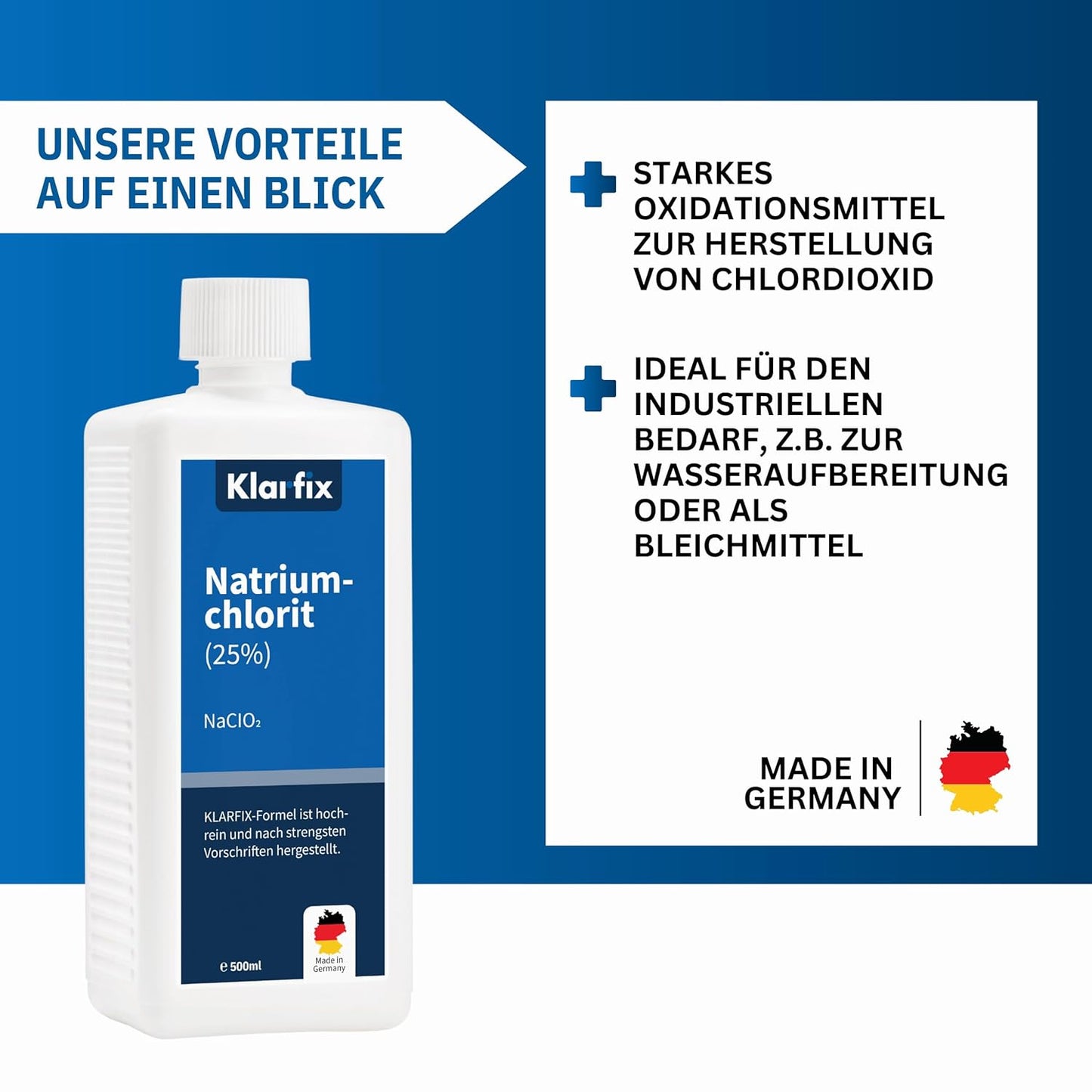 Natriumchlorit 25 % | Starkes Oxidationsmittel zur Herstellung von Chlordioxid | Für Wasseraufbereitung, Desinfektion & Bleichmittel | Technisches Konzentrat (4x 500ml)