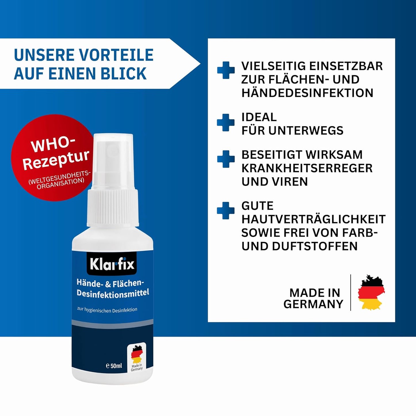 Hände- & Flächendesinfektionsmittel nach WHO-Rezeptur für Hand, Haut und Flächen I Ideal für unterwegs | Wirksam gegen Bakterien, Pilze & Viren | Hygienisch & hautfreundlich✅ Desinfektion nach WHO-Rezeptur