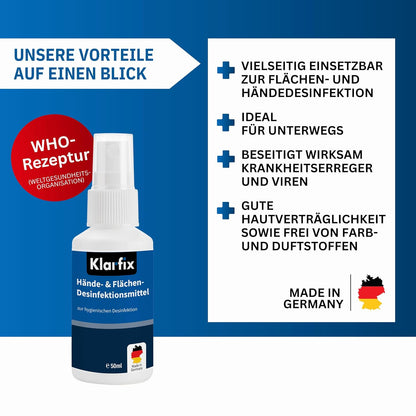 Hände- & Flächendesinfektionsmittel nach WHO-Rezeptur für Hand, Haut und Flächen I Ideal für unterwegs | Wirksam gegen Bakterien, Pilze & Viren | Hygienisch & hautfreundlich✅ Desinfektion nach WHO-Rezeptur
