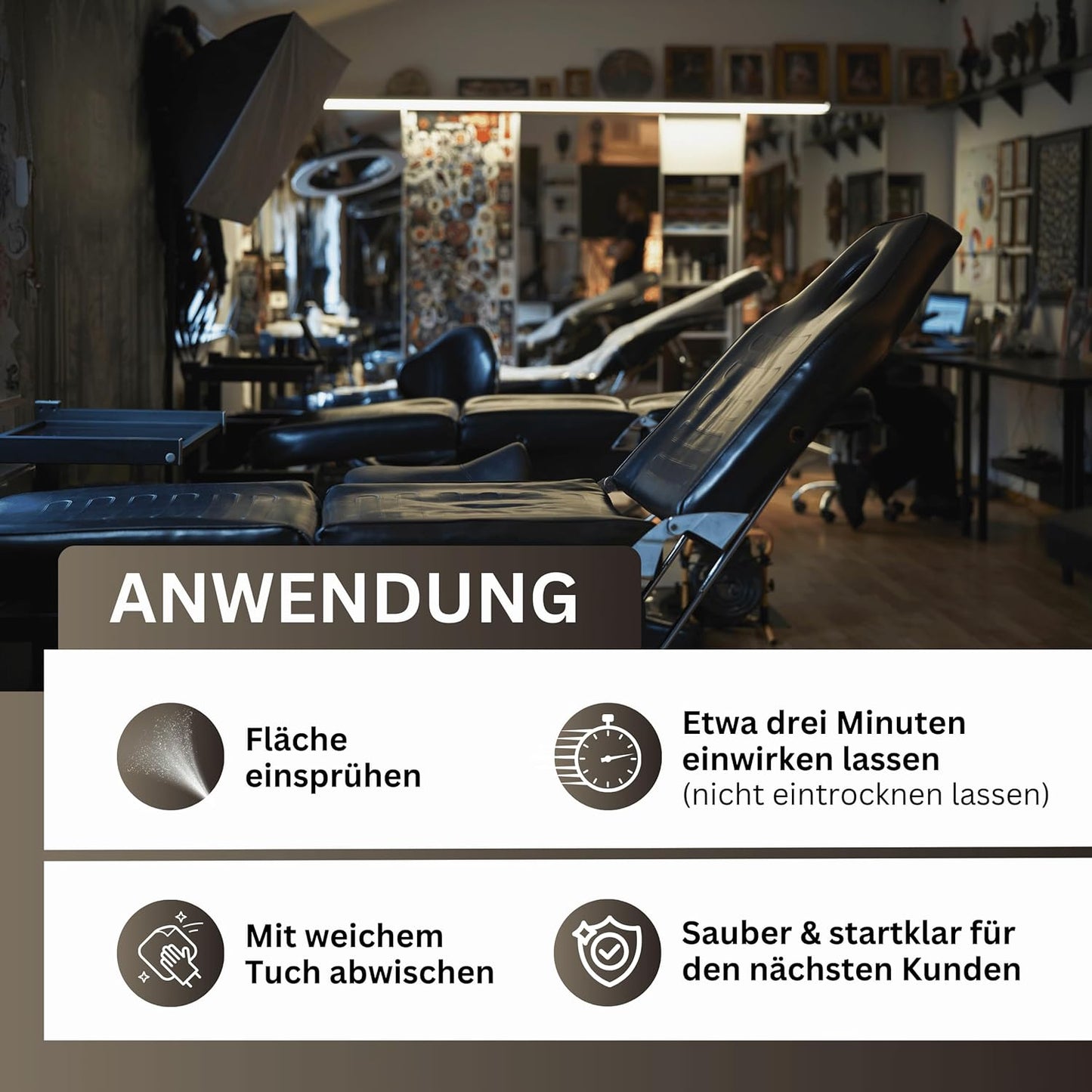 Tattoo-Farben-Entferner | Spezialreiniger für Tattoo-Stühle, Arbeitsflächen & Böden | Entfernt Tattoo-Farbe von Vinyl, Kunststoff & Kunstleder | Spezial-Löser für Tattoo-Inks (4x 500ml)