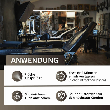 Tattoo-Farben-Entferner | Spezialreiniger für Tattoo-Stühle, Arbeitsflächen & Böden | Entfernt Tattoo-Farbe von Vinyl, Kunststoff & Kunstleder | Spezial-Löser für Tattoo-Inks (1x 500ml)