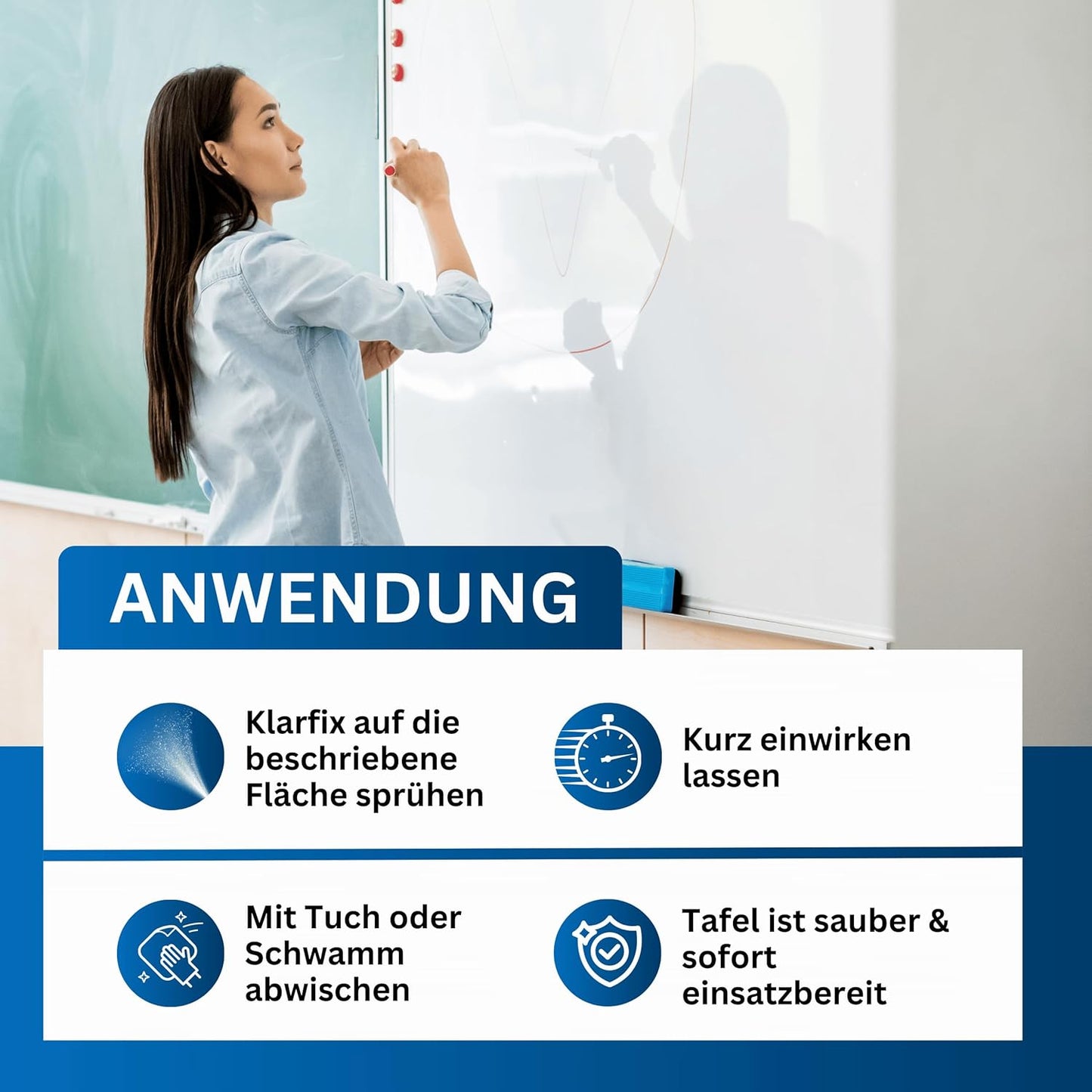 Whiteboard-Reiniger für Flipcharts, Magnettafeln, Planungstafeln & Whiteboards | Entfernt Marker- & Stift-Rückstände rückstandslos | Schnelltrocknend | Made in Germany (4x 250ml)