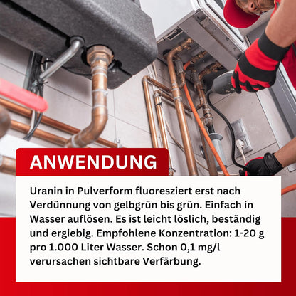 Uranin Wasser-Färbemittel in Pulverform | Hochwirksames Wasser-Färbemittel zur Leckortung, Leckageortung, Dichtheitsprüfung | Fluorescein als Markierungsfarbstoff | Sehr ergiebig (4x 100 g)