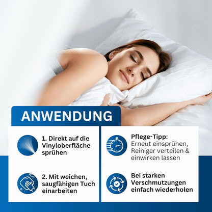 Vinylreiniger für Wasserbetten Vinylclean | Reiniger für Vinyloberflächen | Schützt vor Oxidation, Austrocknung und Verhärtung | Einfache Anwendung mit Pumpzerstäuber (4x 250ml)