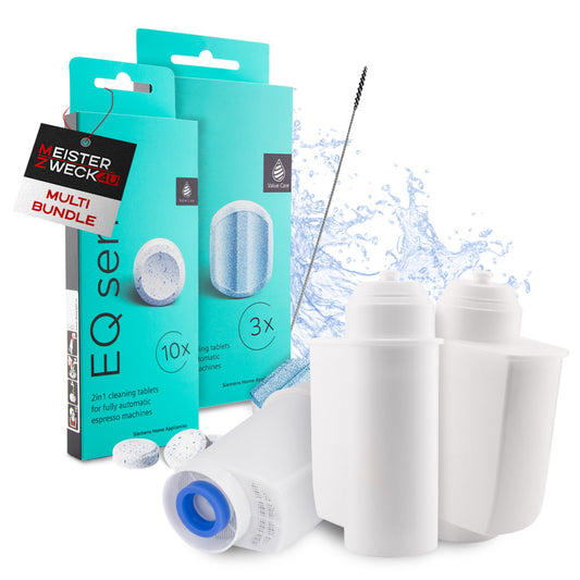 MEISTERZWECK4U Pflegeset Kaffeevollautomaten - 3x Wasserfilter, 1x Entkalkungstabletten, 1x Reinigungstabletten, Reinigungsbürste - Reinigungsset Kaffeemaschinen Siemens, EQ Series, Supresso, Bosch