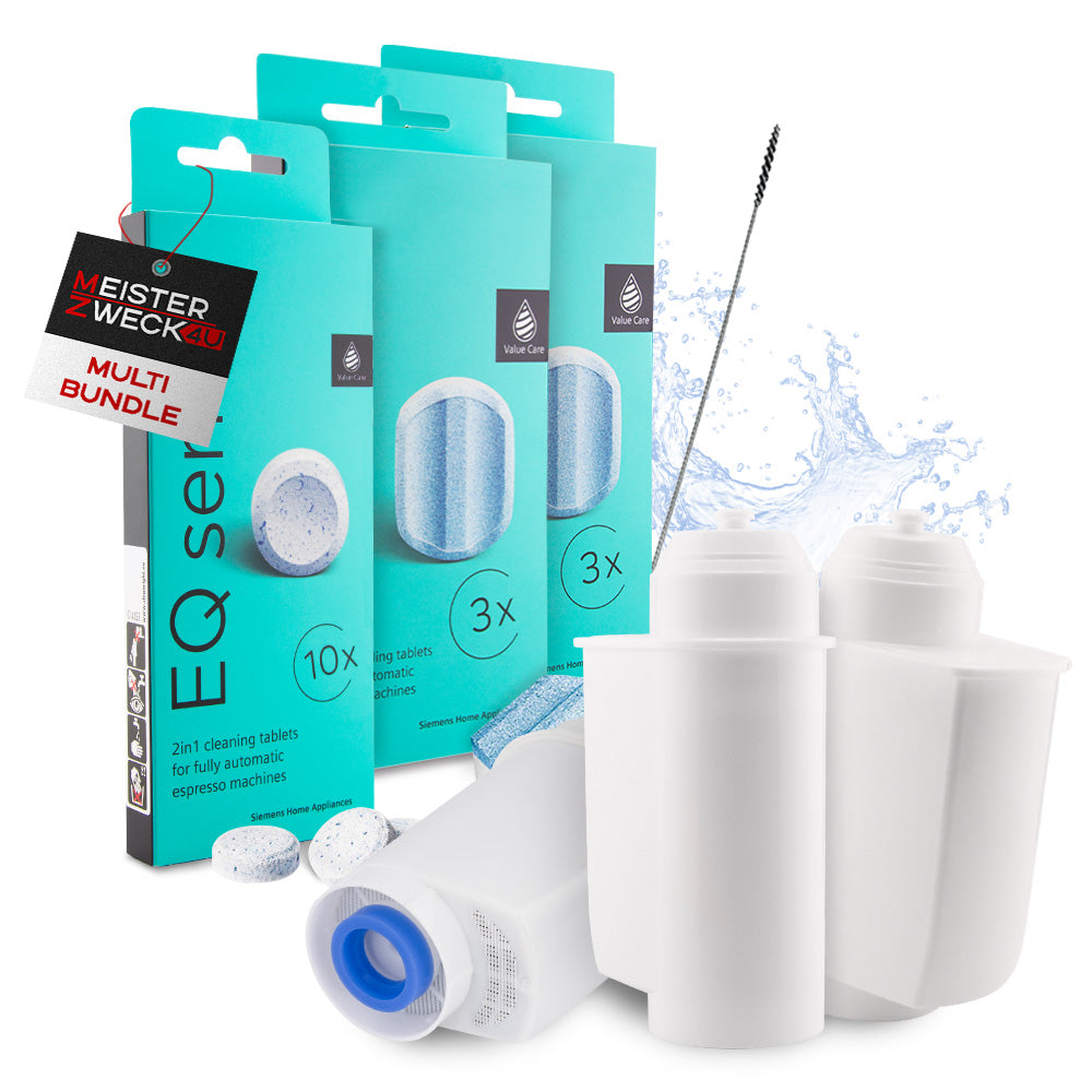 MEISTERZWECK4U Pflegeset Kaffeevollautomaten - 3x Wasserfilter, 2x Entkalkungstabletten, 1x Reinigungstabletten, Reinigungsbürste - Reinigungsset Kaffeemaschinen Siemens, EQ Series, Supresso, Bosch