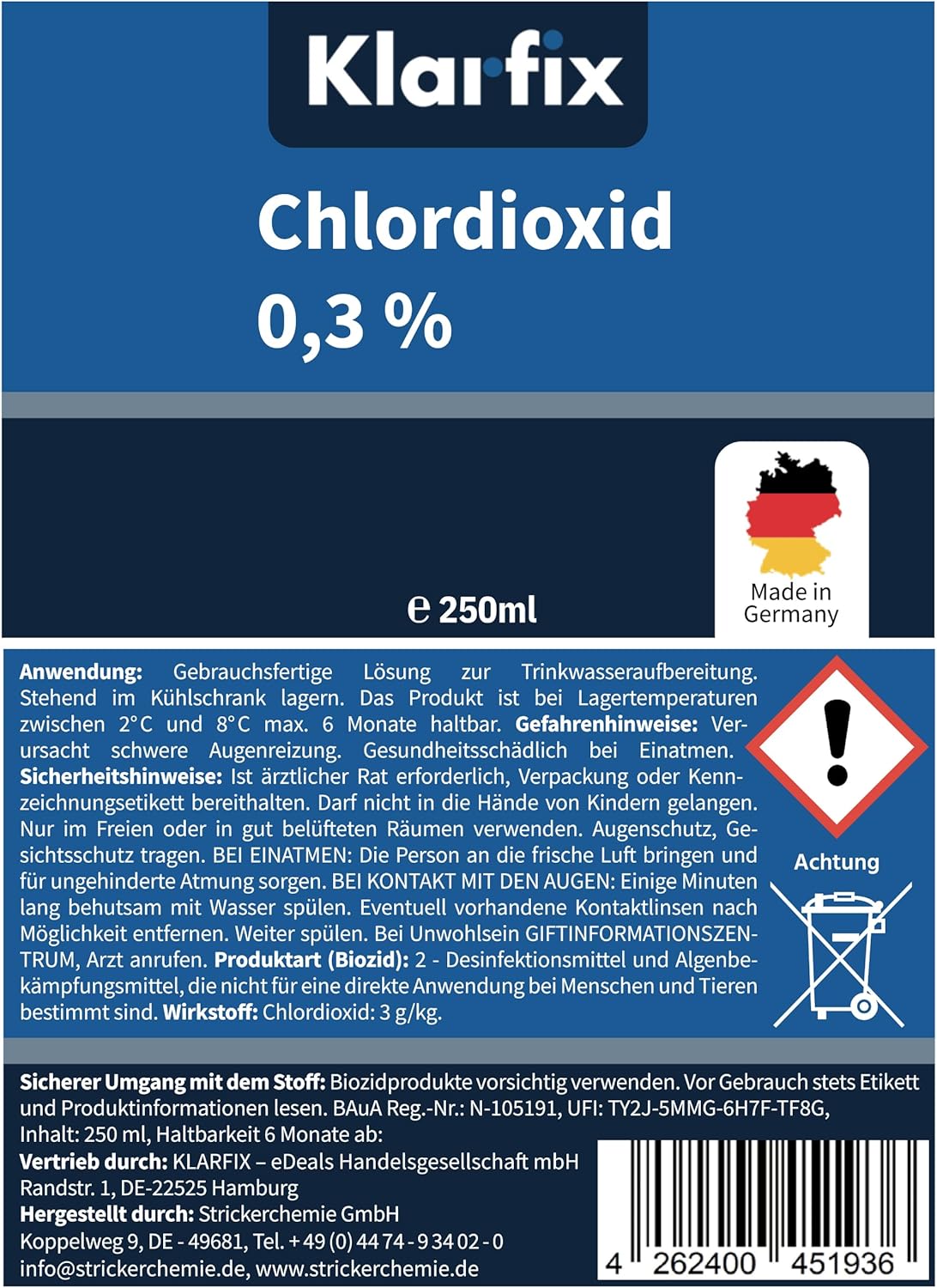 Chlordioxid 0,3% | CDL CDs | Fertiglösung zur Trinkwasser-Desinfektion für unterwegs | Sterilisation, antibakteriell, Made in Germany (2X 250ml)