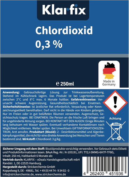 Chlordioxid 0,3% | CDL CDs | Fertiglösung zur Trinkwasser-Desinfektion für unterwegs | Sterilisation, antibakteriell, Made in Germany (1X 250ml)