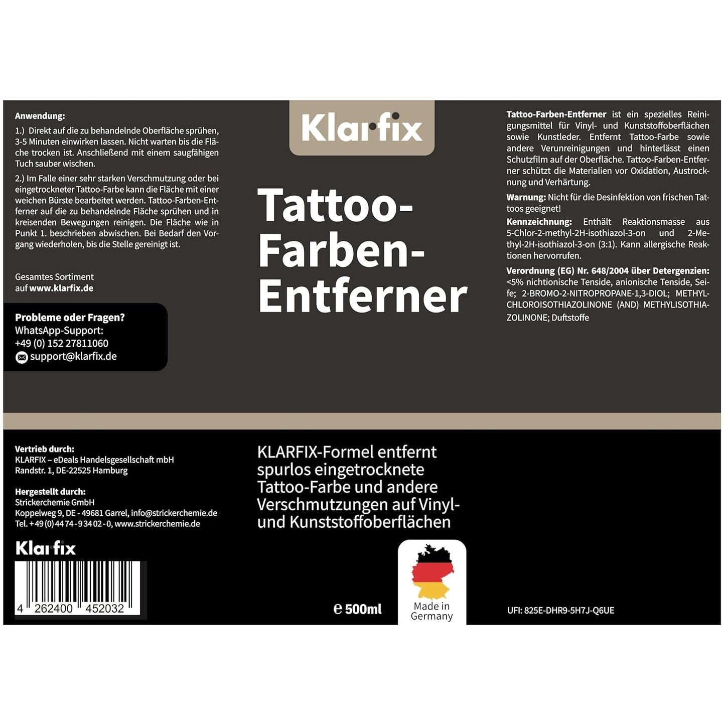 Tattoo-Farben-Entferner | Spezialreiniger für Tattoo-Stühle, Arbeitsflächen & Böden | Entfernt Tattoo-Farbe von Vinyl, Kunststoff & Kunstleder | Spezial-Löser für Tattoo-Inks (4x 500ml)