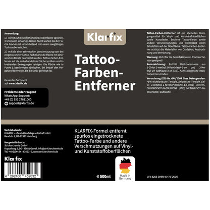 Tattoo-Farben-Entferner | Spezialreiniger für Tattoo-Stühle, Arbeitsflächen & Böden | Entfernt Tattoo-Farbe von Vinyl, Kunststoff & Kunstleder | Spezial-Löser für Tattoo-Inks (4x 500ml)