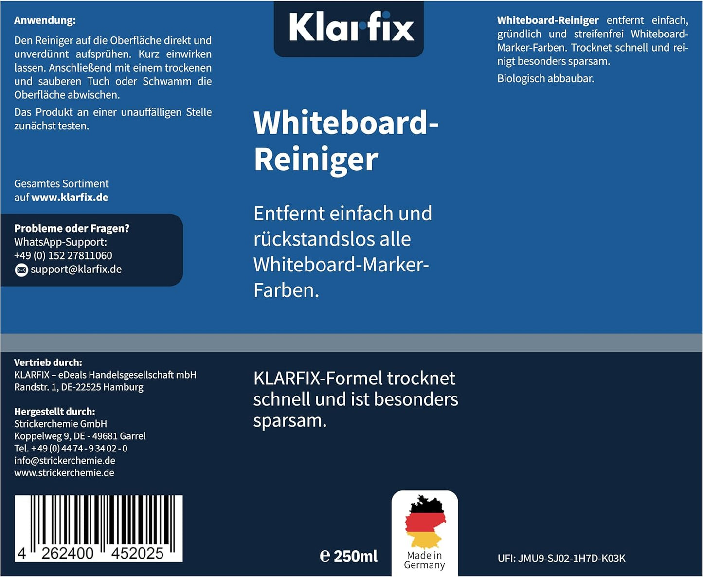 Whiteboard-Reiniger für Flipcharts, Magnettafeln, Planungstafeln & Whiteboards | Entfernt Marker- & Stift-Rückstände rückstandslos | Schnelltrocknend | Made in Germany (4x 250ml)