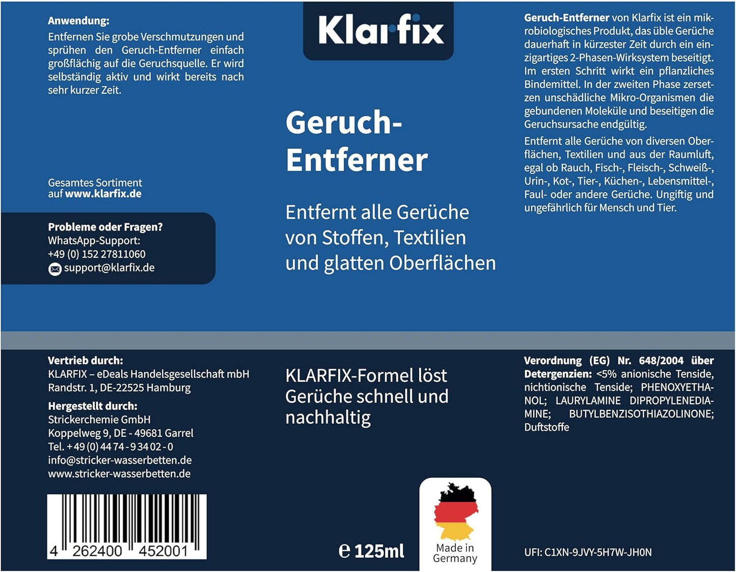 Geruch-Entferner | Neutralisiert hartnäckige Gerüche mit 2-Phasen-Wirkung für Haushalt, Auto, Textilien, Haustiere | Hundeurin/Katzenurin Entferner | Porentiefe Reinigung (4x 125ml)