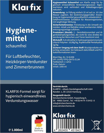 Hygienemittel schaumfrei | Konservierungsmittel für Luftbefeuchter, Luftreiniger, Luftwäscher, Zimmerbrunnen & Heizkörper-Verdunster | Hält Wasser hygienisch & kalkfrei (4x 1.000 ml)