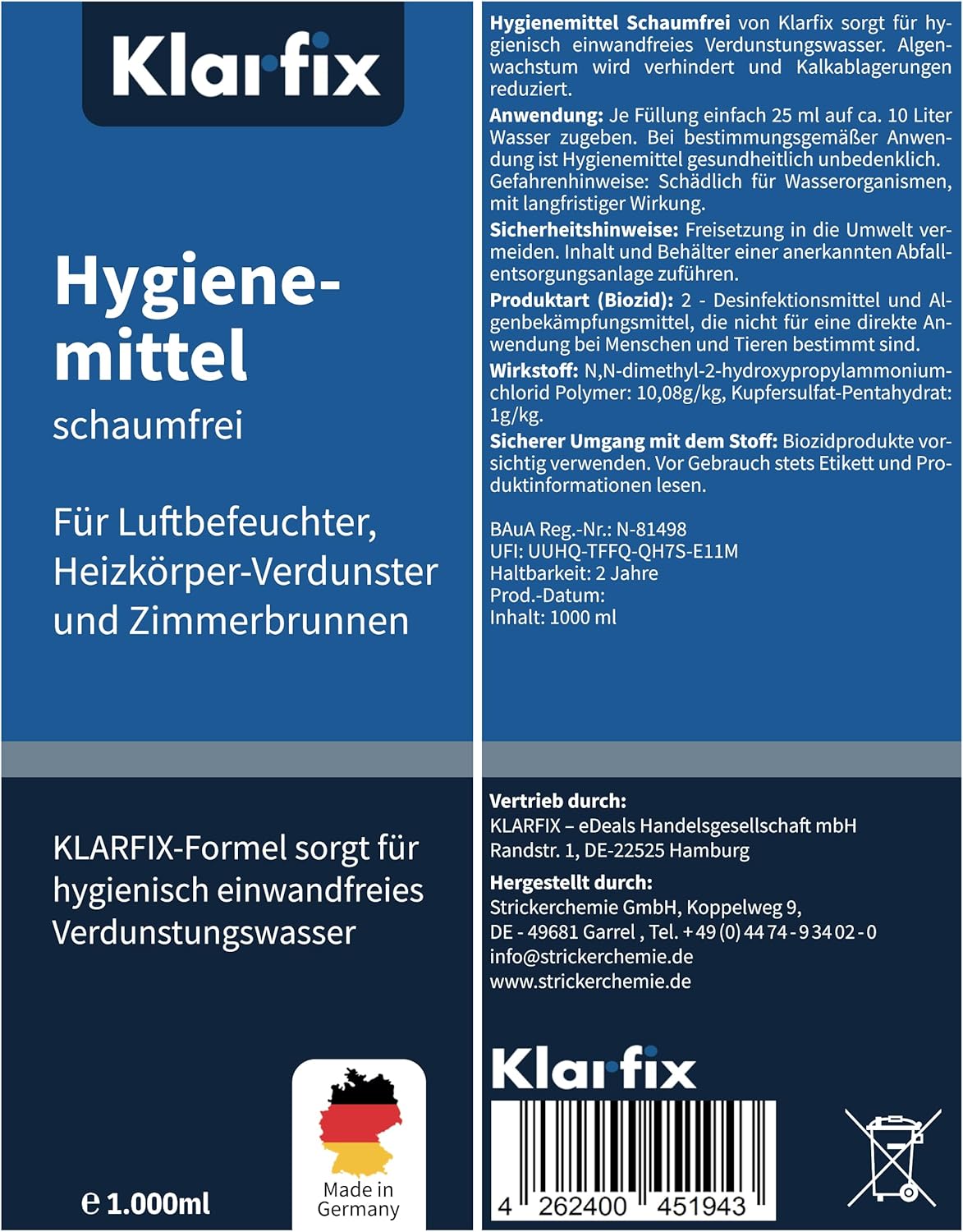 Hygienemittel schaumfrei | Konservierungsmittel für Luftbefeuchter, Luftreiniger, Luftwäscher, Zimmerbrunnen & Heizkörper-Verdunster | Hält Wasser hygienisch & kalkfrei (2x 1.000 ml)